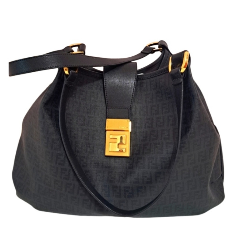 ✅️SOLD✅️ FENDI Black Gold Zucchino Chiusura Tote Shoulder Bag AUTHENTIC - Picture 3 of 14